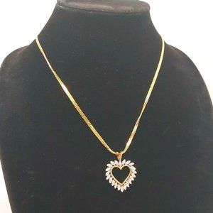 Gold Tone Clear Crystal Openwork Heart Pendant Necklace 19" Mother's Day